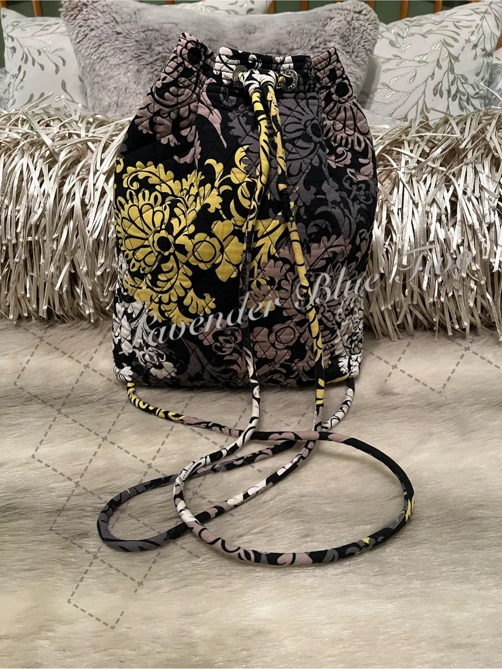 VERA BRADLEY Baroque 2010 Drawstring Zipper Front Backpack Y2K Black Yellow Flor